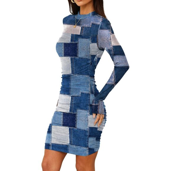 Women's Blue White Print Long Sleeve Ruched Bodycon Neck Mini Party Dresse - Picture 4 of 5
